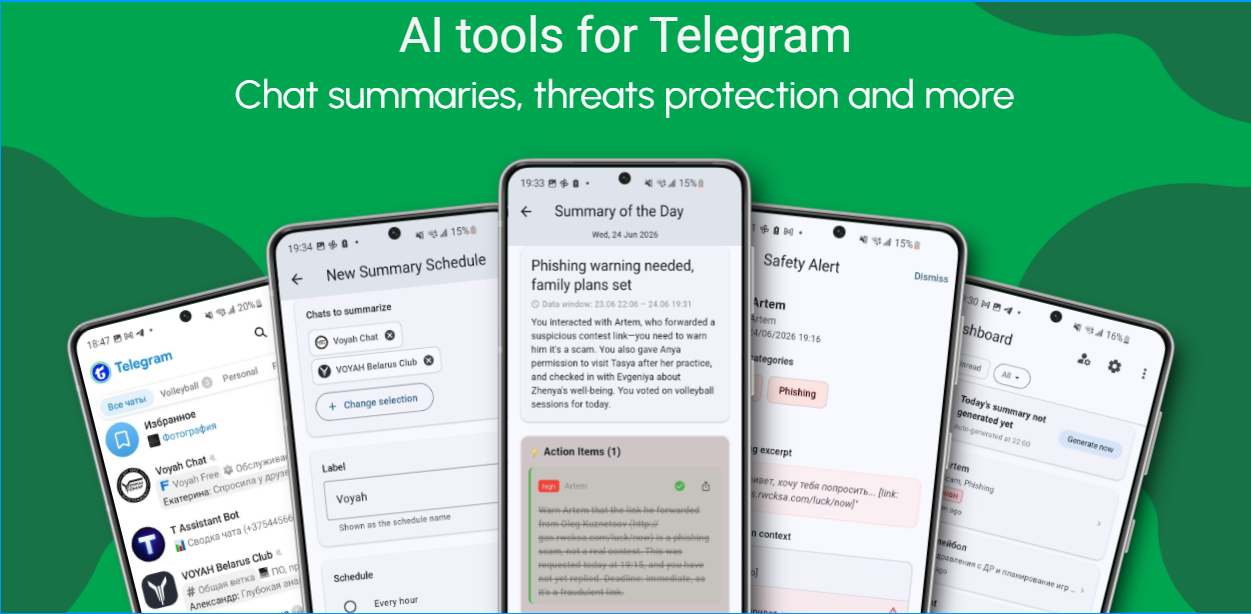 T Assistant app on Android phones showing morning digest, daily summary and safety monitor screens
