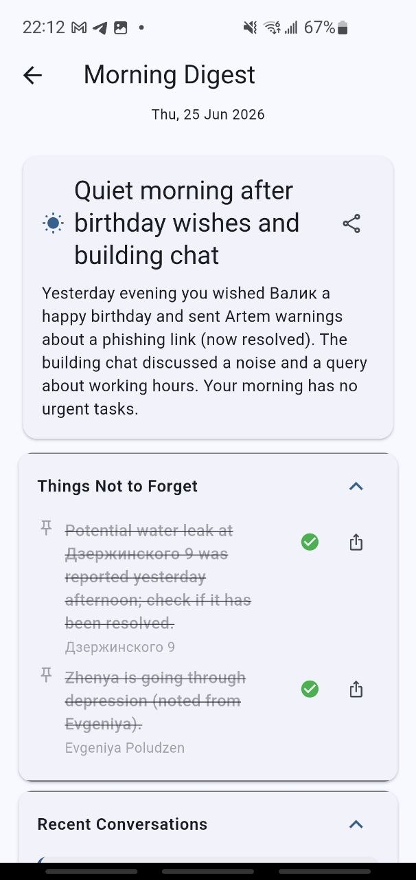 Morning digest screen showing pending polls, action items, and recent messages from Telegram chats