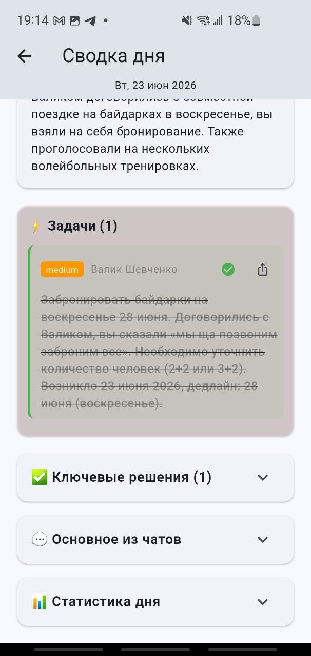 Экран сводки дня с задачами, ключевыми решениями и статистикой активности в чатах