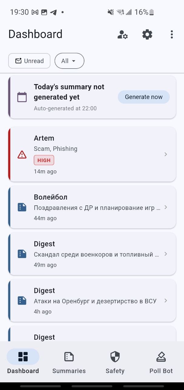Dashboard screen showing a feed of chat summaries, a safety alert, and digest entries