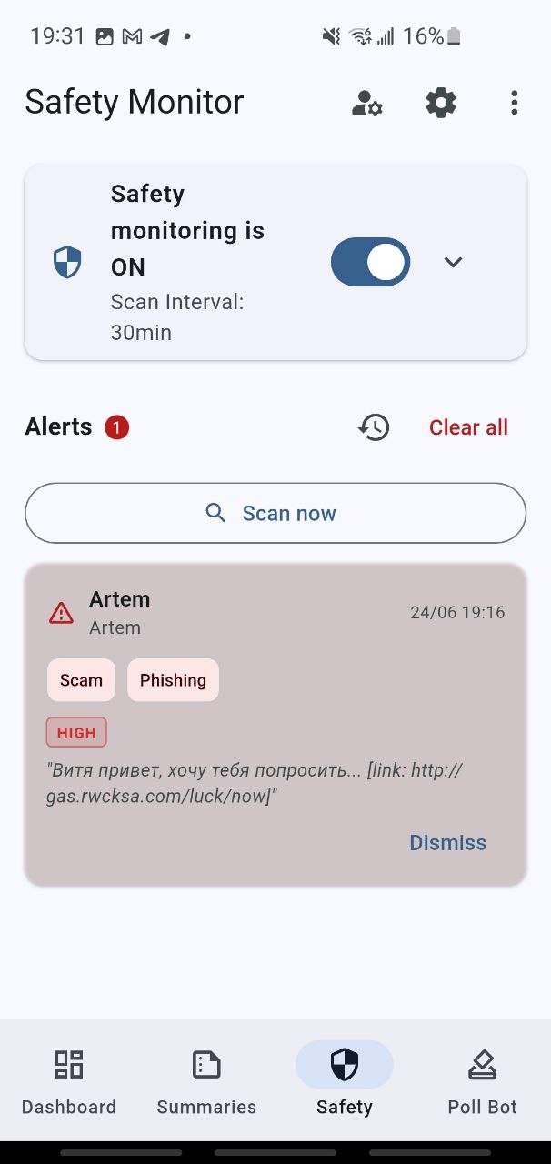 Safety Monitor screen showing active monitoring is ON and a high-severity scam alert from a contact