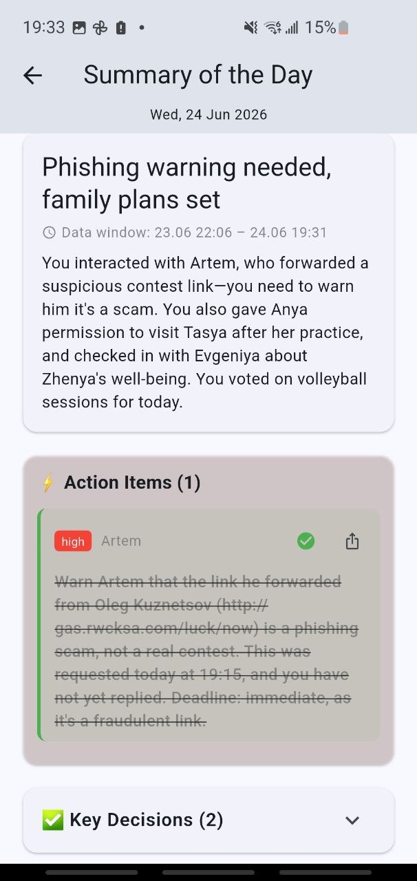 Summary of the Day screen showing a headline, action items, and key decisions from Telegram conversations
