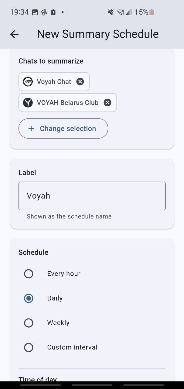 New summary schedule setup screen showing chat selection, schedule label field, and frequency options